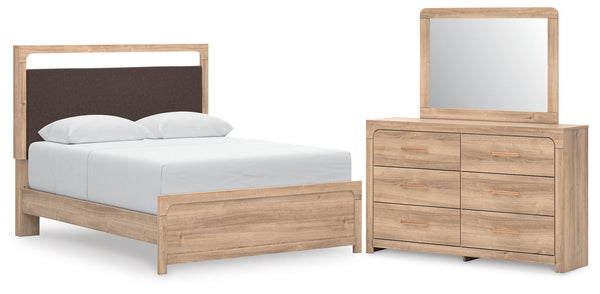 Kinlanni 3 Pc. Queen Upholstered Panel Bed With Roll Slats, Dresser And Mirror Tan