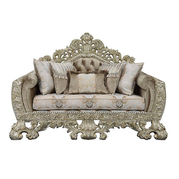 Sorina - Loveseat With 5 Pillows - Velvet, Fabric & Antique Gold