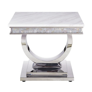 Zander - End Table - White Printed Faux Marble Top & Mirrored Silver