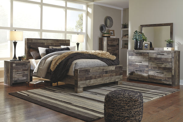 Derekson 6-piece panel bedroom set in rustic butcher block finish at Savon Furniture Gallery, Visalia CA