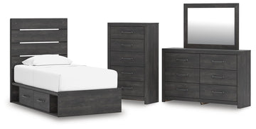 Hollivern - 4 Pc. - Twin Panel Storage Bed, Dresser, Mirror And Chest - Dark Gray