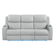 Elonzo - Power Motion Sofa With LED, Power Headrest & Speaker - Light Gray