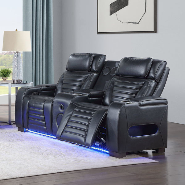 Ephron Power Motion Loveseat With Console, Power Headrests, LED & Speakers Black