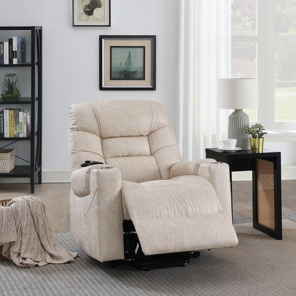 Nairi Power Recliner With Lift, Heating & Massage Ivory Polished Microfiber