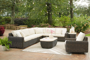 Kimora - Beige / Dark Brown - 7 Pc. - 4-Piece Outdoor Sectional, Swivel Glider Lounge, Cocktail Table, End Table