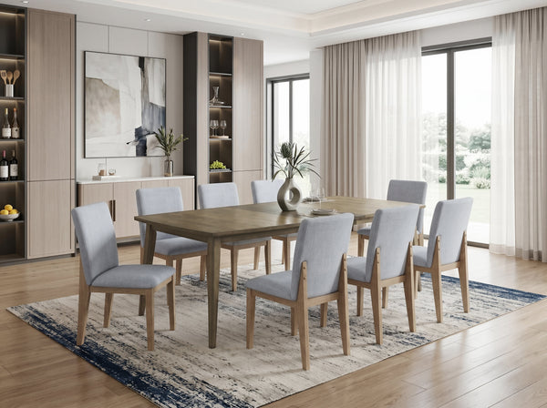 Bistro 9-Piece Mixed-Finish Dining Set, Extendable 72-88" Vintage Walnut Table & 8 Gray Linen Chairs[NA:17]