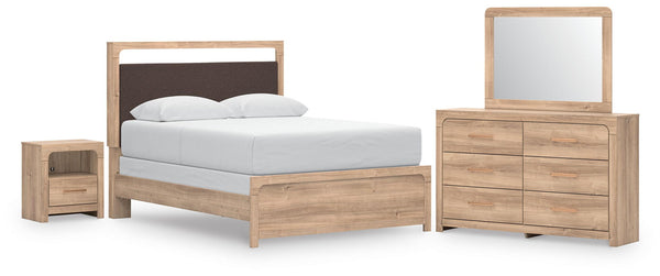 Kinlanni 4 Pc. Queen Panel Bed, Dresser, Mirror And Nightstand Tan