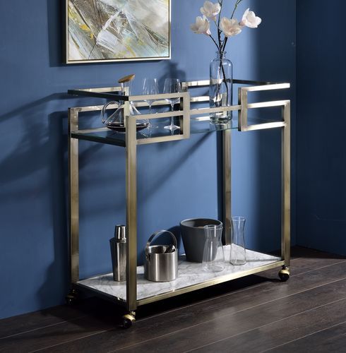 Neilo Serving Cart Clear Glass, Faux Marble Top & Wire Brass