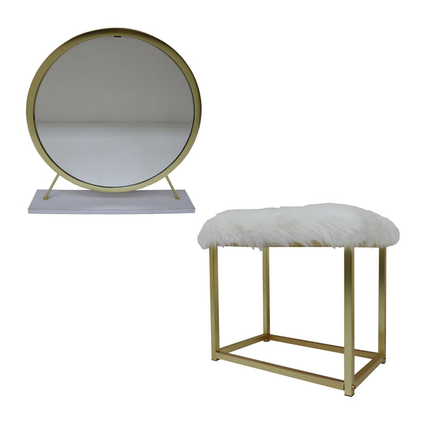 Adao Vanity Mirror & Stool Faux Fur, Mirror, White & Brass