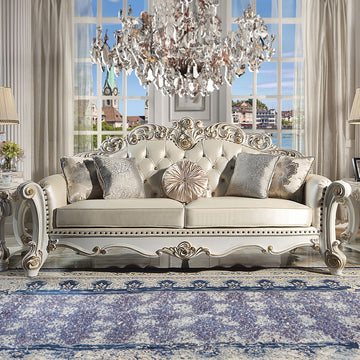 Vendome - Sofa With 5 Pillows - Champagne Synthetic Leather & Antique Pearl