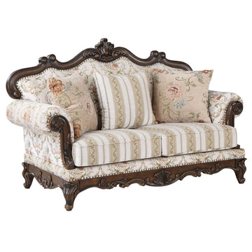 Nayla - Loveseat With 3 Pillows - Pattern Fabric & Cherry