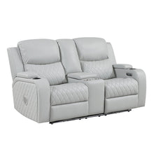 Elonzo - Power Motion Loveseat With Console, LED, Power Headrest & Speaker - Light Gray