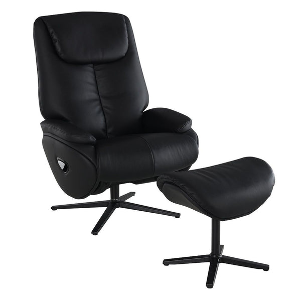 Labonita Motion Accent Chair With Swivel & Ottoman Black Top Grain Leather & Black