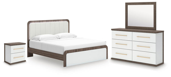 Kendanport 4 Pc. King Platform Bed, Dresser, Mirror And Nightstand Brown / White