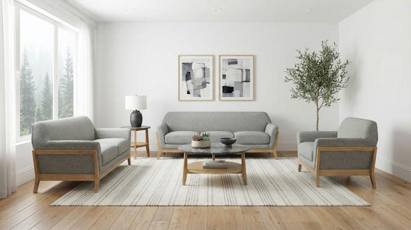 Vaughn 3 Piece Fabric Upholstered Flared Arm Sofa Set – Grey