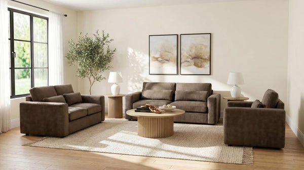Amador 3 Piece Chenille Upholstered Track Arm Sofa Set – Chocolate