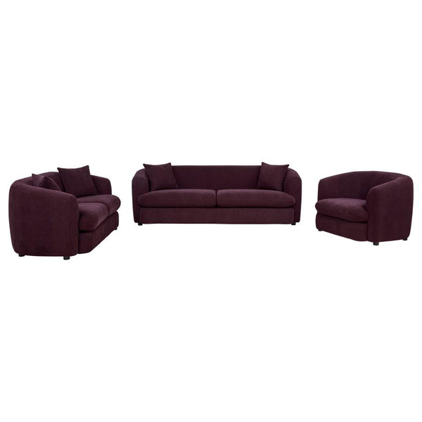 Delroy 3 Piece Stationary Sofa Set Aubergine Polyester Upholstery – Aubergine