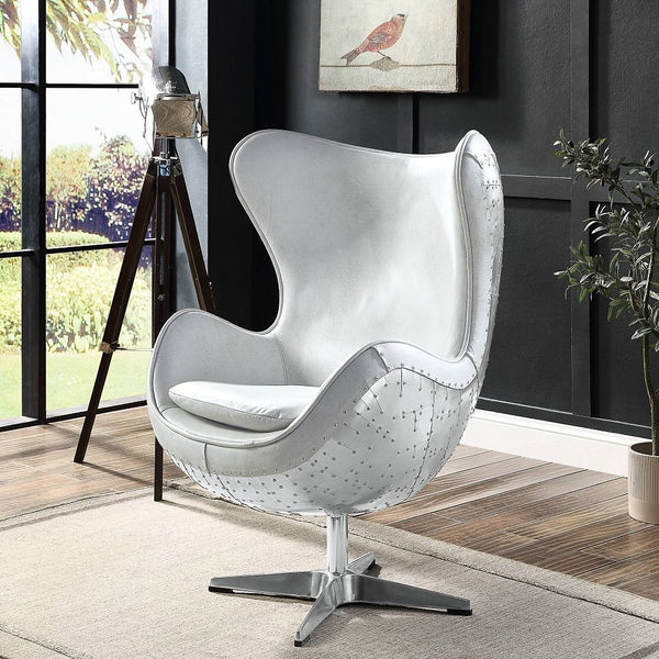 Brancaster Accent Chair With Swivel Vintage White Top Grain Leather & Aluminum