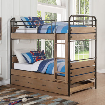 Adams - Twin Over Twin Bunk Bed With Trundle - Antique Oak & Gunmetal