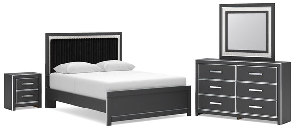 Zuraleus 4 Pc. Queen Upholstered Bed With Roll Slats, Dresser, Mirror And Nightstand Black