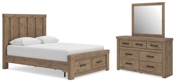 Oliandon 3 Pc. Queen Panel Storage Bed, Dresser And Mirror Light Brown