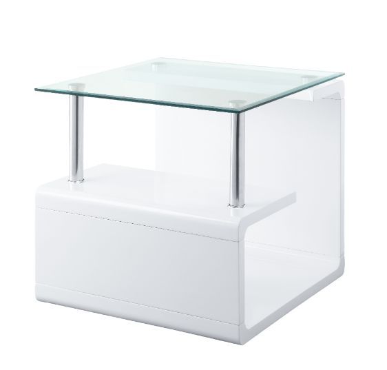 Nevaeh End Table Clear Glass Top & White High Gloss