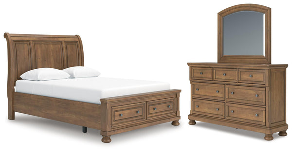 Feddinger 3 Pc. Queen Sleigh Storage Bed, Dresser And Mirror Medium Brown