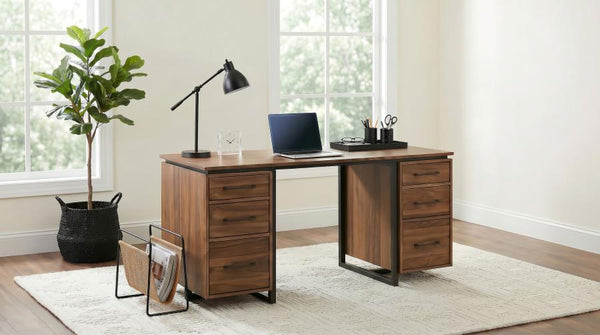 Berhalter 6-Drawer Double Pedestal File Computer Desk – Walnut / Black
