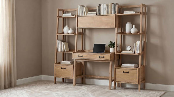 Fabian 4-piece Computer Desk and Bookshelf Set – Distressed Light Brown