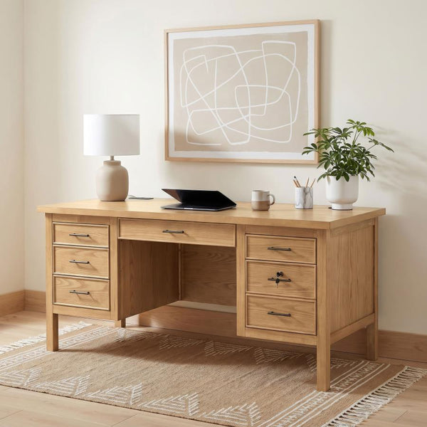 Vermes 66-inch 7-drawer Computer Desk with Power Outlet – Light Ash