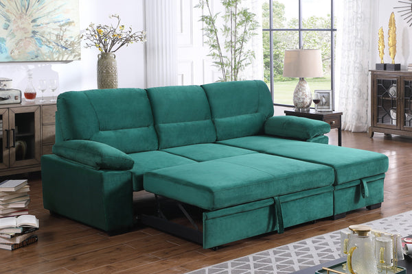 Kipling 97.5" Green Velvet Reversible Sleeper Sectional Sofa Chaise