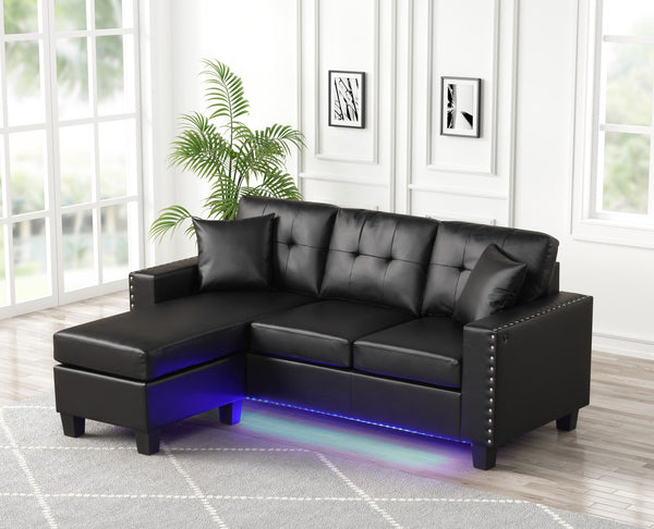 Sorenza 74"W Black PVC Reversible Sectional Sofa Chaise