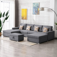 Nolan 124"W Gray Linen Fabric 5Pc Double Chaise Sectional Sofa