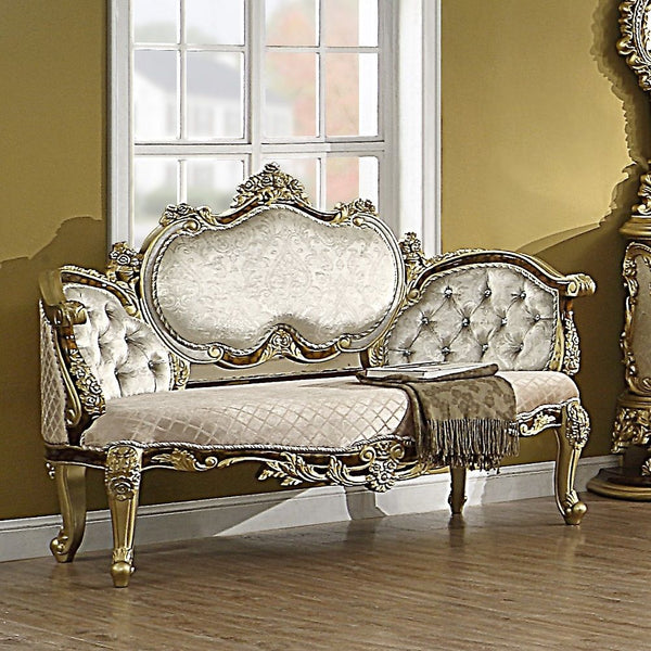 Desiderius Bench Beige Fabric, Antique Gold & Hand Paint Brown