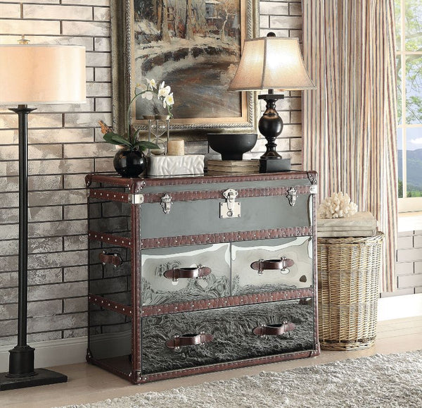 Aberdeen Console Cabinet Vintage Dark Brown Top Grain Leather & Stainless Steel
