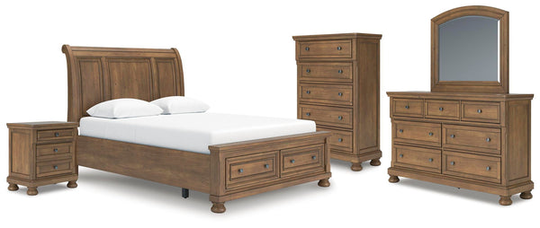 Feddinger 5 Pc. Queen Sleigh Storage Bed, Dresser, Mirror, Chest And Nightstand Medium Brown