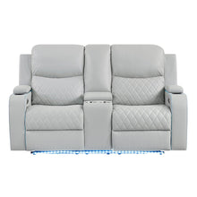 Elonzo - Power Motion Loveseat With Console, LED, Power Headrest & Speaker - Light Gray