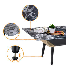 Landon 47" Coffee Table with Glass Black Marble Texture Top and Bent Wood Design