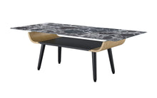 Landon 47" Coffee Table with Glass Black Marble Texture Top and Bent Wood Design