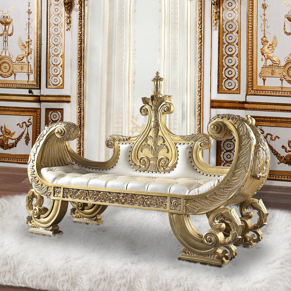 Bernadette Bench White Synthetic Leather Fabric & Gold