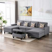 Nolan 124"W Gray Linen Fabric 5Pc Double Chaise Sectional Sofa
