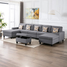 Nolan 152"W Gray Linen Fabric 6Pc Double Chaise Sectional Sofa