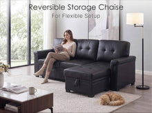 Lucca 84" Black Vegan Leather Reversible Sleeper Sectional Sofa