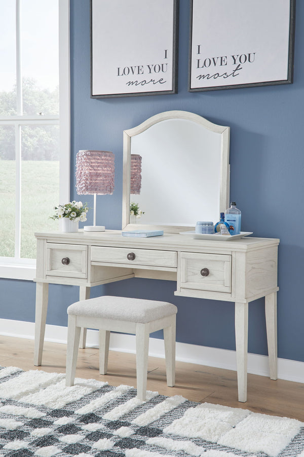 Robbinsdale Mirrored Vanity With Stool Antique White