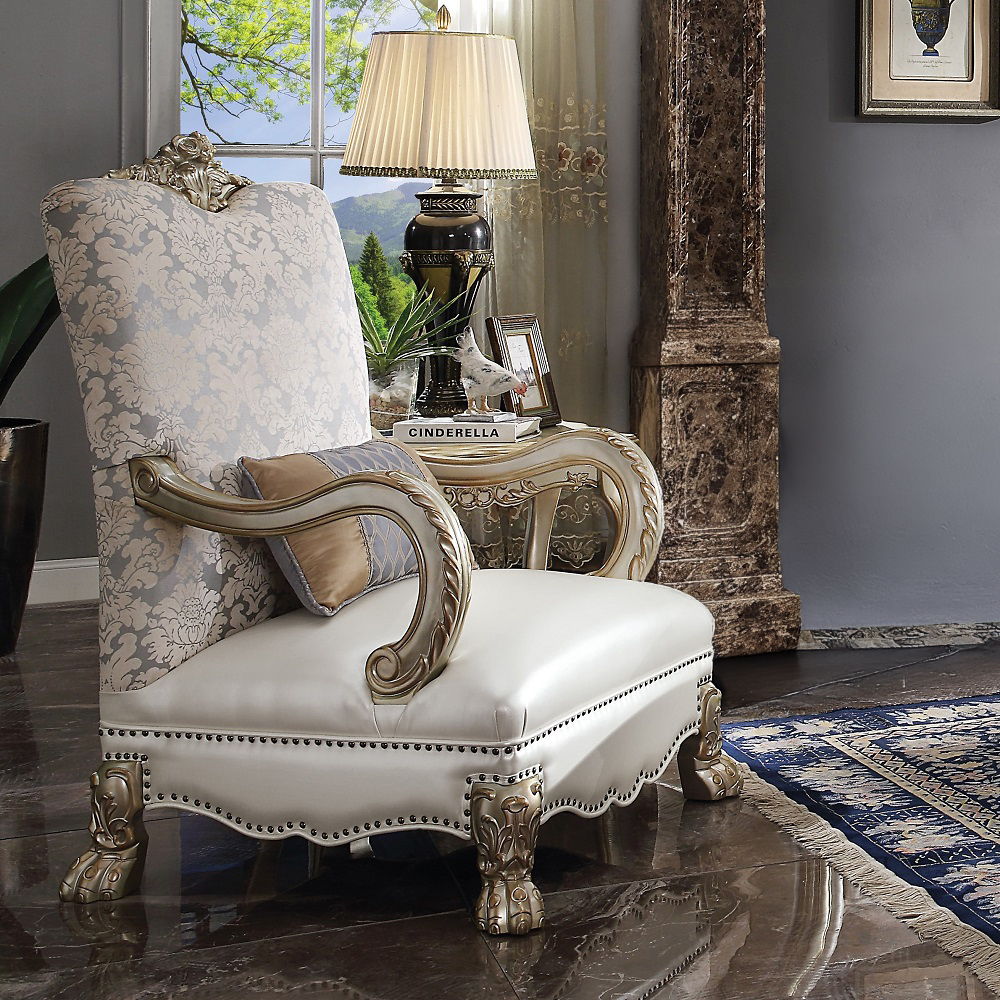Dresden II - Chair With Pillow - Pearl Synthetic Leather /Fabric & Gold Patina