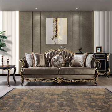 Betria - Sofa With 5 Pillows - Light Green Velvet, Gold & Black High Gloss