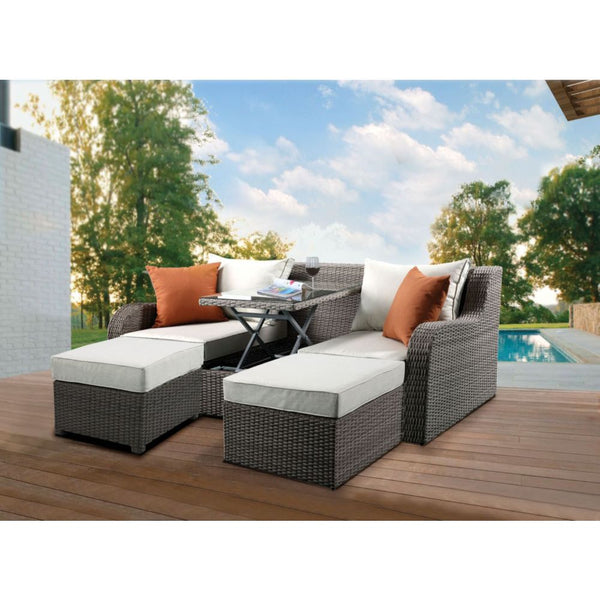 Salena Patio Sofa With 2 Pillows & 2 Ottomans Beige Fabric & Gray Wicker