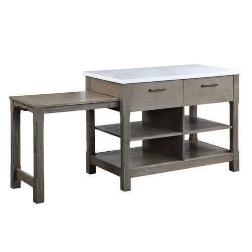 Feivel Kitchen Island With Pull Out Table Marble Top & Rustic Oak