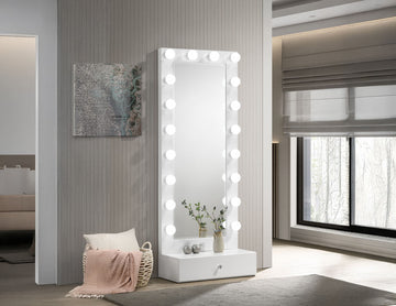 Luxo - Tall Lighted Drawer Vanity Mirror - White