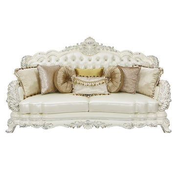 Adara - Sofa With 7 Pillows - Pearl White Synthetic Leather & Antique White